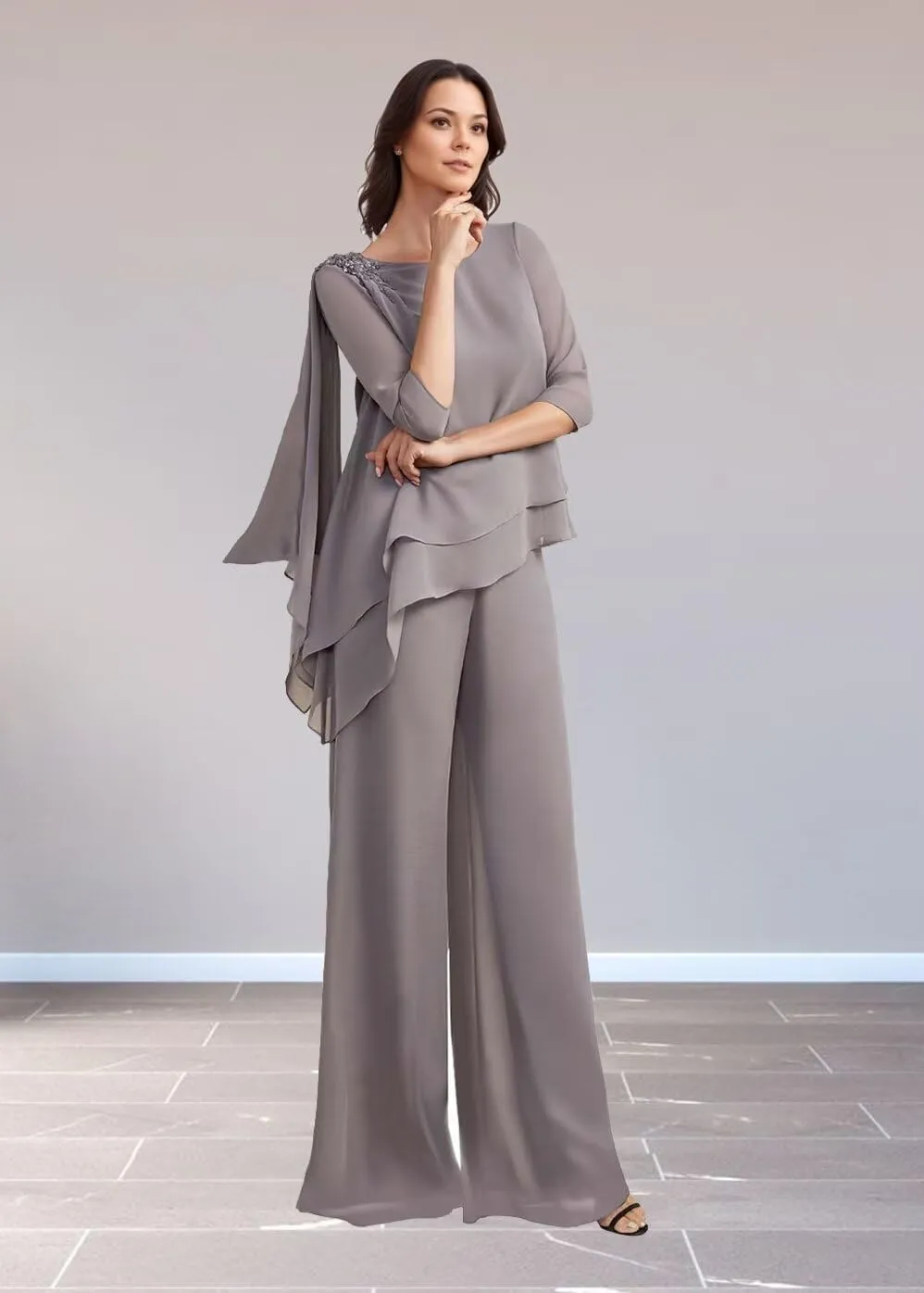 2 Piece Mother of The Bride Pant Suits Chiffon Outfit Sets for Wedding Grandmother of The Bride Pantsuits