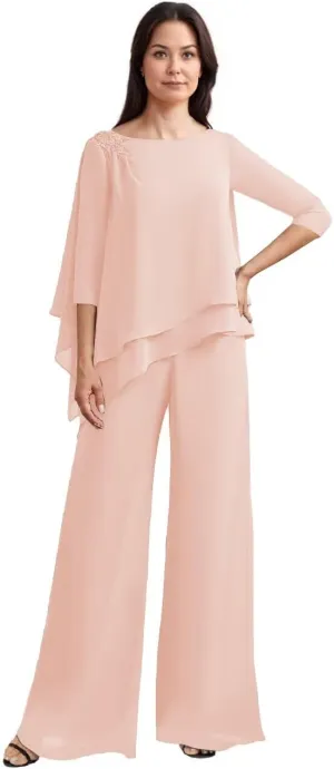 2 Piece Mother of The Bride Pant Suits Chiffon Outfit Sets for Wedding Grandmother of The Bride Pantsuits