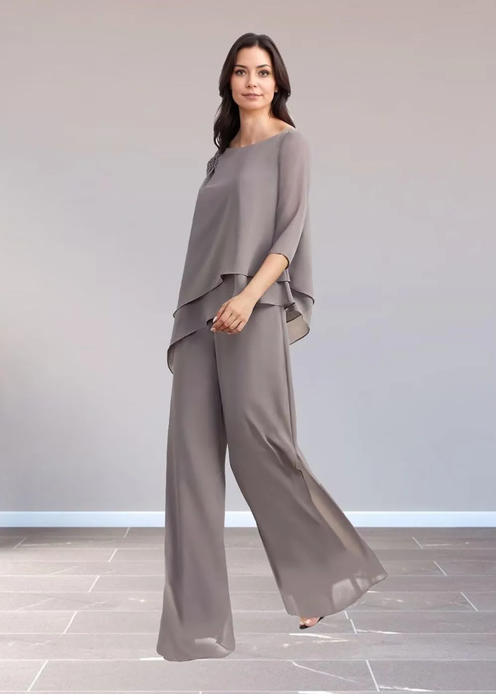2 Piece Mother of The Bride Pant Suits Chiffon Outfit Sets for Wedding Grandmother of The Bride Pantsuits