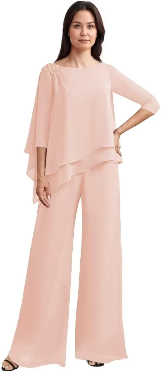 2 Piece Mother of The Bride Pant Suits Chiffon Outfit Sets for Wedding Grandmother of The Bride Pantsuits