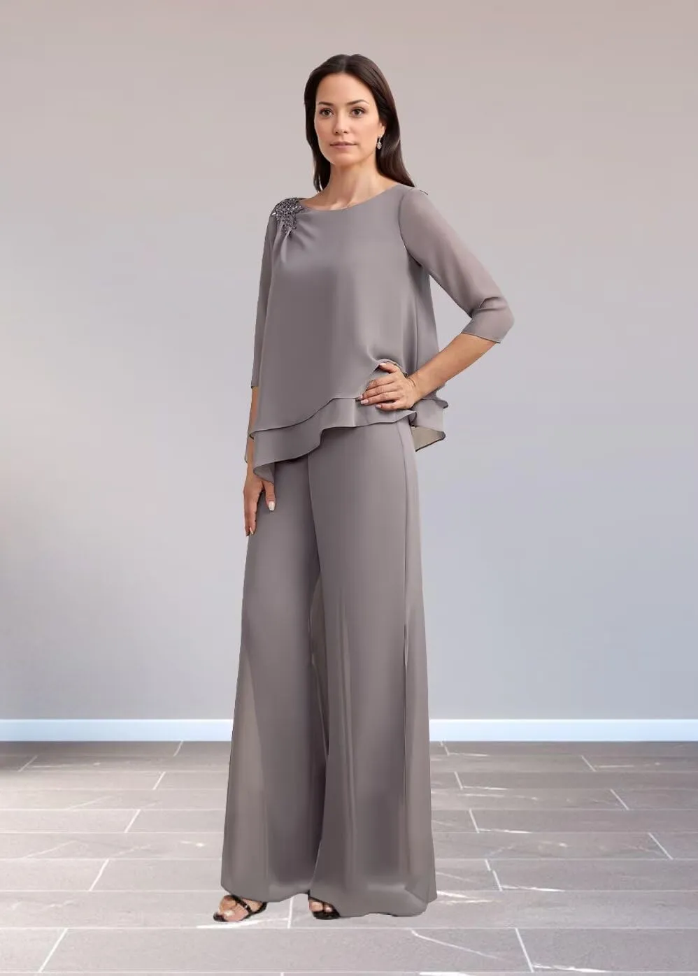 2 Piece Mother of The Bride Pant Suits Chiffon Outfit Sets for Wedding Grandmother of The Bride Pantsuits