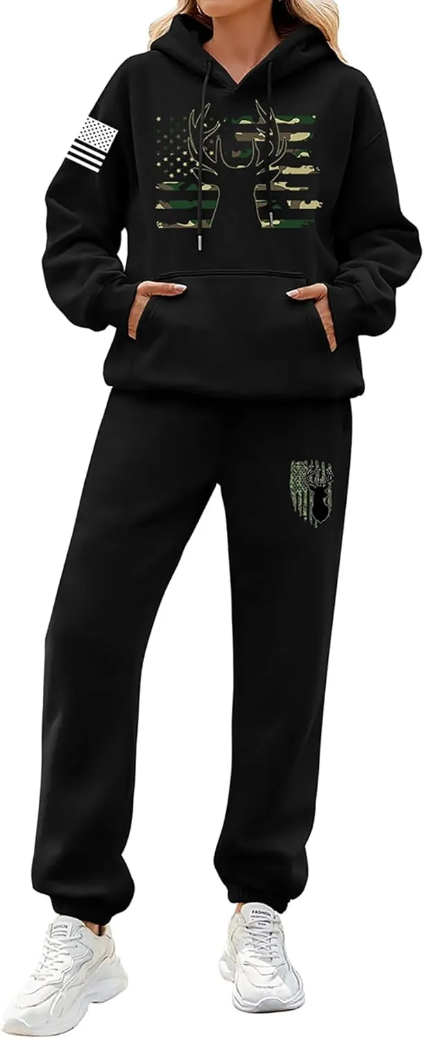 2Pcs American Flag Tracksuit Sets Casual Pullover Hoodie Outfits Sweatshirt and Sweatpants for Men Women