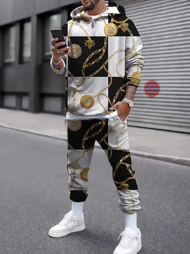 3D Hoodies Set Hooded Graphic Plaid Print Casual Daily 3D Print Streetwear Casual Big and Tall Clothing Apparel Hoodies Sweatshirts Long Sleeve Black And White Blue