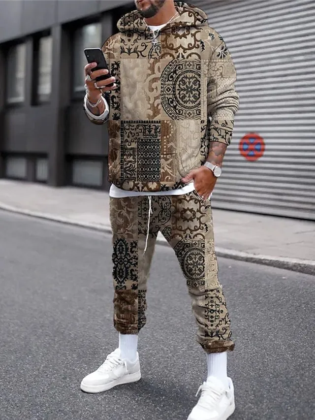 3D Hoodies Set Hooded Graphic Tribal Print Casual Daily 3D Print Streetwear Casual Big and Tall Clothing Apparel Hoodies Sweatshirts Long Sleeve Blue Brown