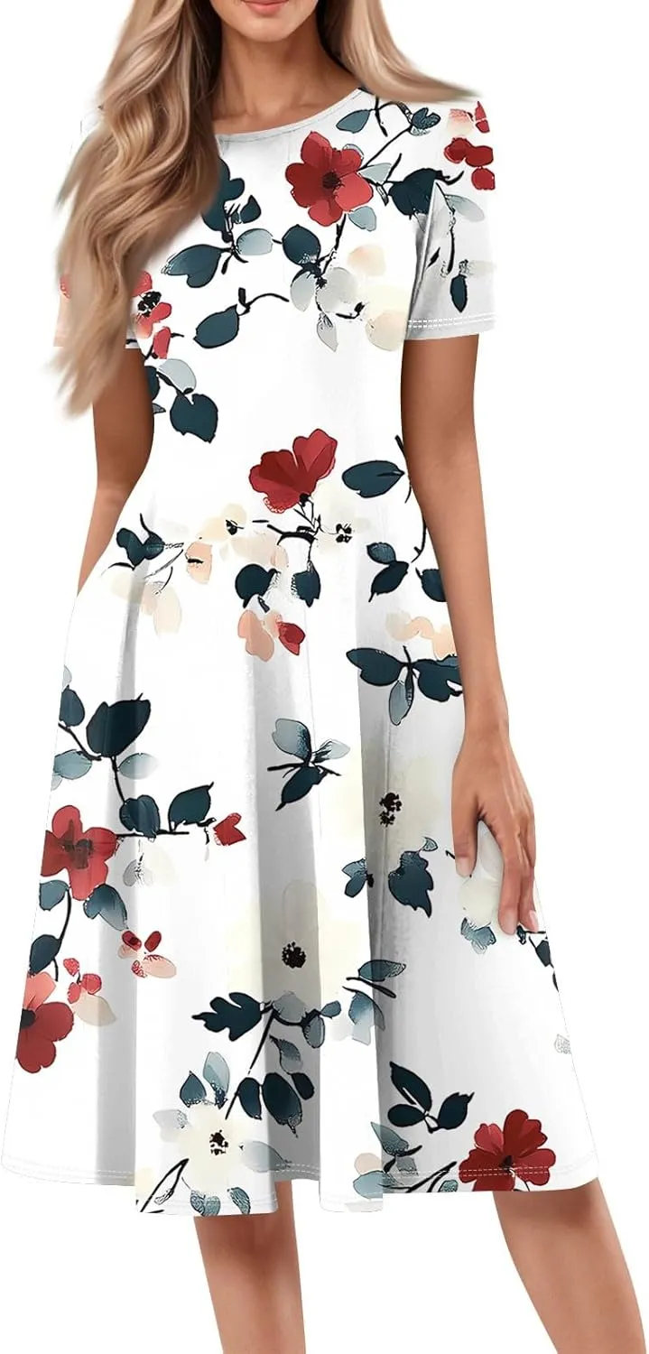 ADHOWBEW Dresses for Women 2025 Casual Hawaiian Trendy Short Sleeve Tropical Print Sexy Beach Dresses