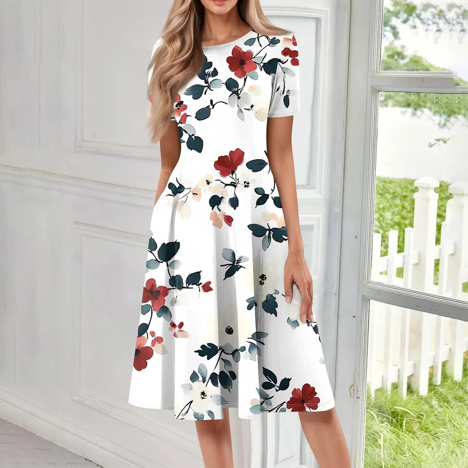 ADHOWBEW Dresses for Women 2025 Casual Hawaiian Trendy Short Sleeve Tropical Print Sexy Beach Dresses