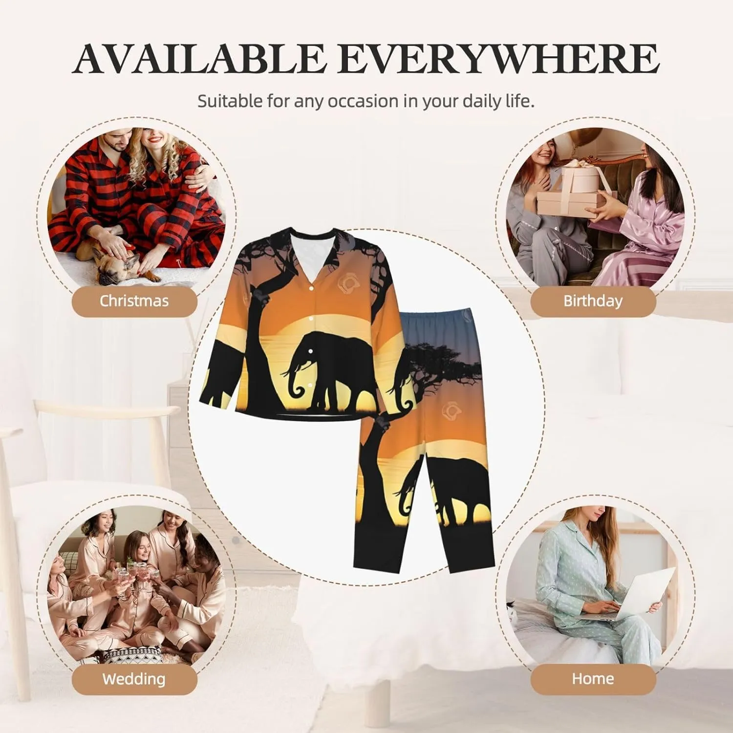 (African Elephant) Women'S Long Sleeve Pajama Set 2 Piece Sleepwear Set Soft Loungewear For Women