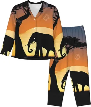 (African Elephant) Women'S Long Sleeve Pajama Set 2 Piece Sleepwear Set Soft Loungewear For Women
