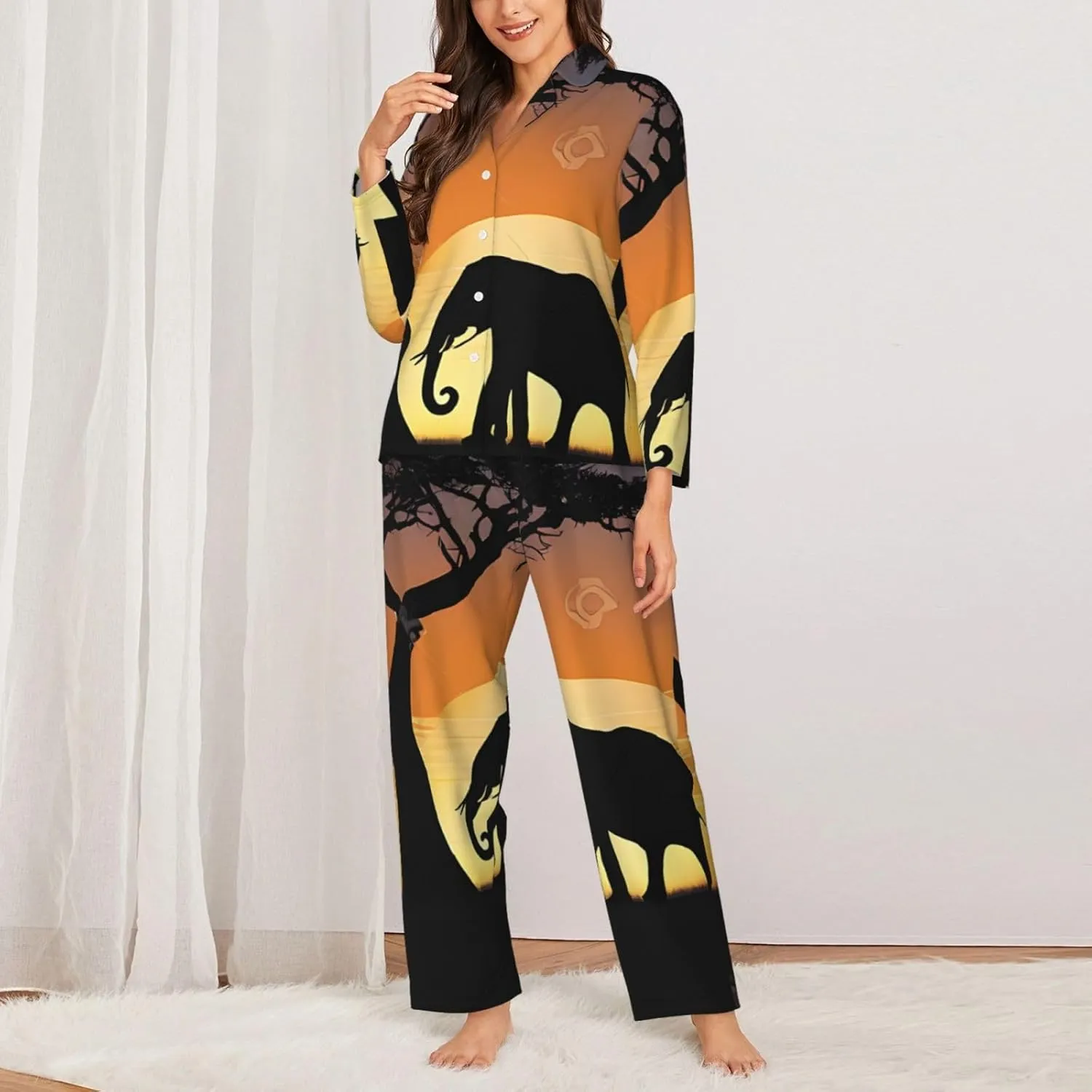 (African Elephant) Women'S Long Sleeve Pajama Set 2 Piece Sleepwear Set Soft Loungewear For Women