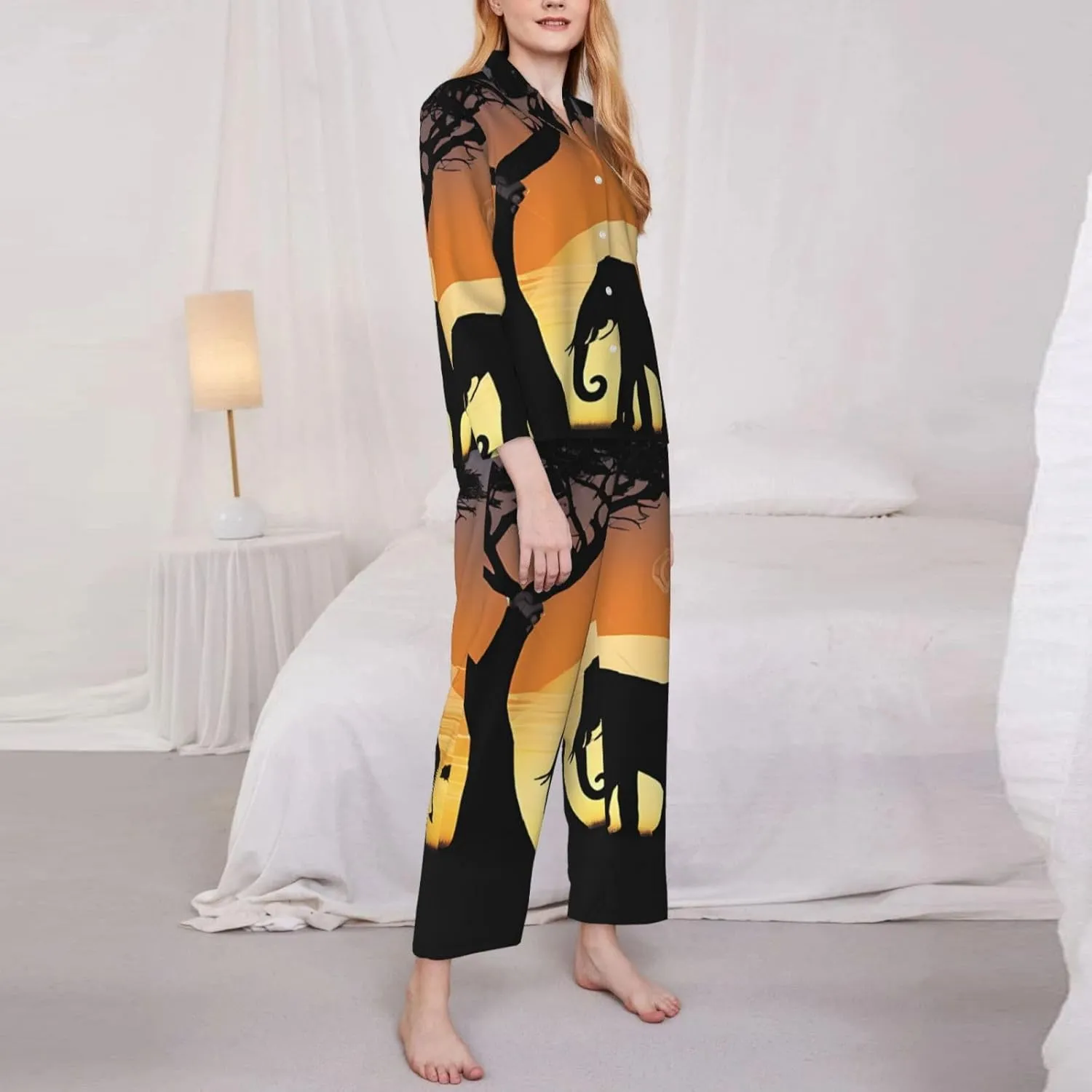 (African Elephant) Women'S Long Sleeve Pajama Set 2 Piece Sleepwear Set Soft Loungewear For Women