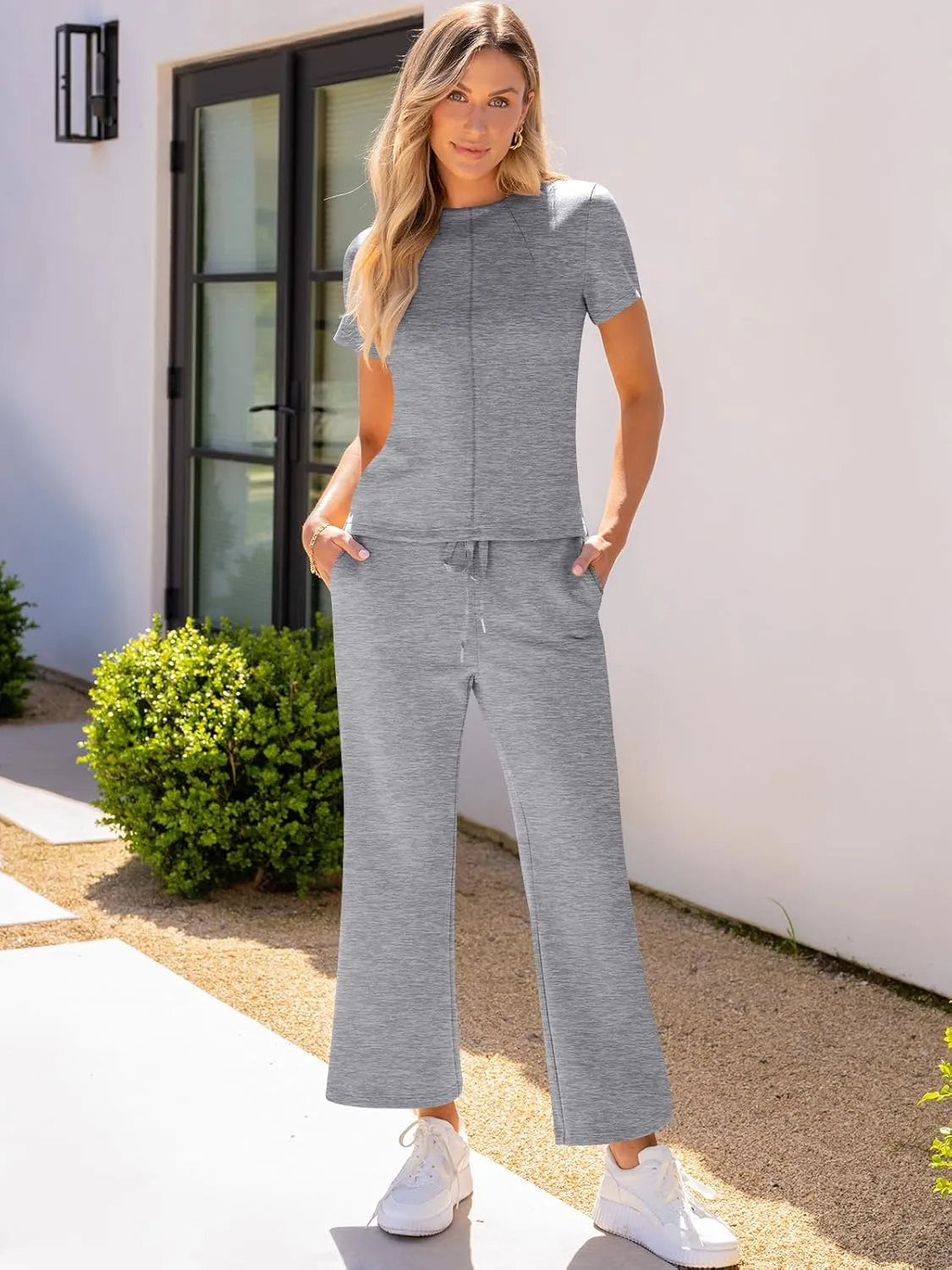ANRABESS Women's 2 Piece Outfits Lounge Sets 2025 Summer Sweatsuits Short Sleeve Wide Leg Pants Sweat Set Tracksuits Clothes