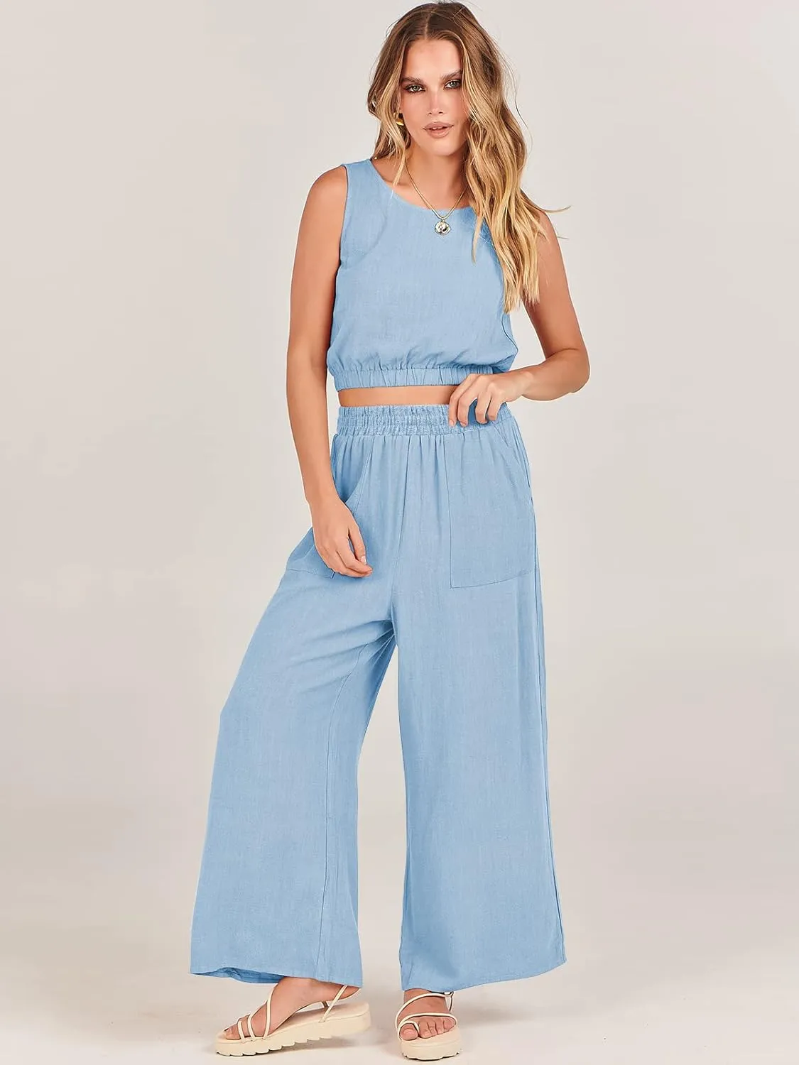 ANRABESS Womens Summer 2 Piece Outfits Sleeveless Crop Top Tank and Wide Leg Pants Linen Jumpsuit Beach Vacation Sets