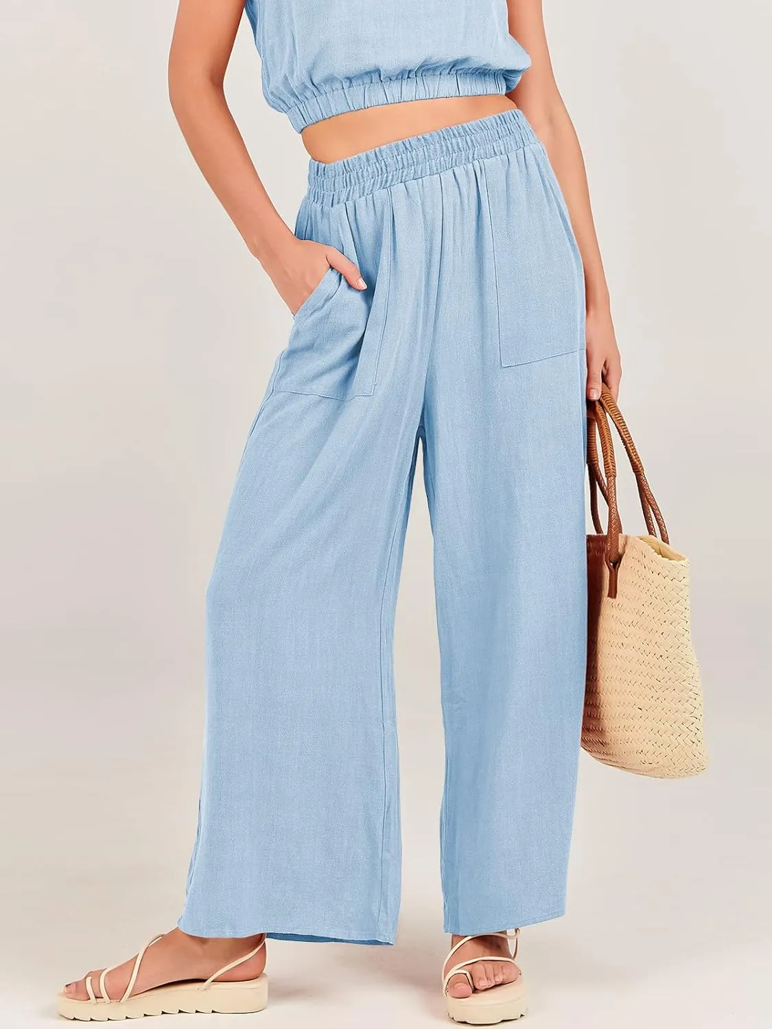 ANRABESS Womens Summer 2 Piece Outfits Sleeveless Crop Top Tank and Wide Leg Pants Linen Jumpsuit Beach Vacation Sets