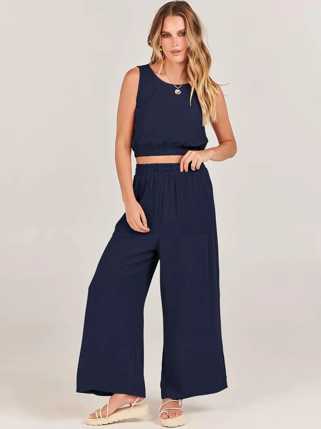 ANRABESS Womens Summer 2 Piece Outfits Sleeveless Crop Top Tank and Wide Leg Pants Linen Jumpsuit Beach Vacation Sets