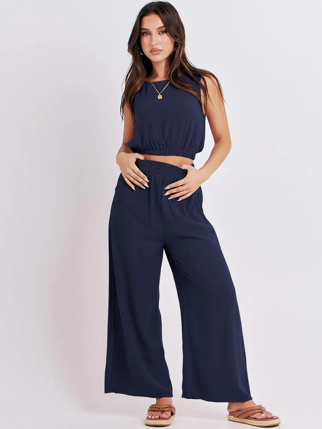 ANRABESS Womens Summer 2 Piece Outfits Sleeveless Crop Top Tank and Wide Leg Pants Linen Jumpsuit Beach Vacation Sets