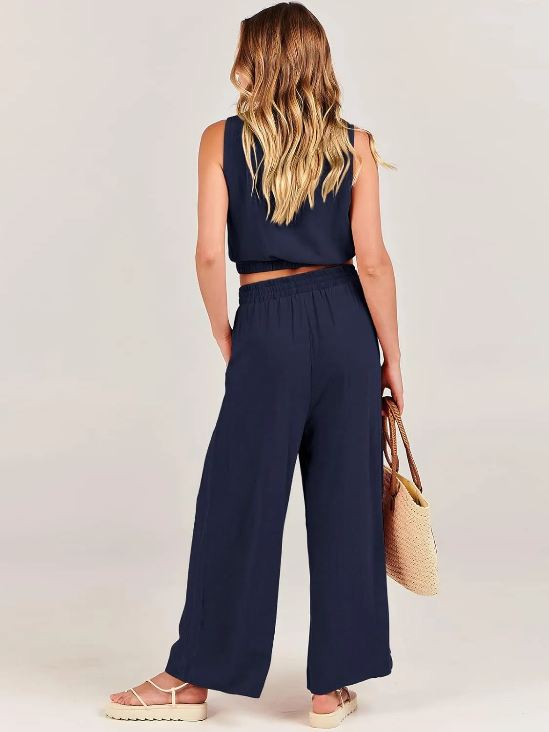 ANRABESS Womens Summer 2 Piece Outfits Sleeveless Crop Top Tank and Wide Leg Pants Linen Jumpsuit Beach Vacation Sets