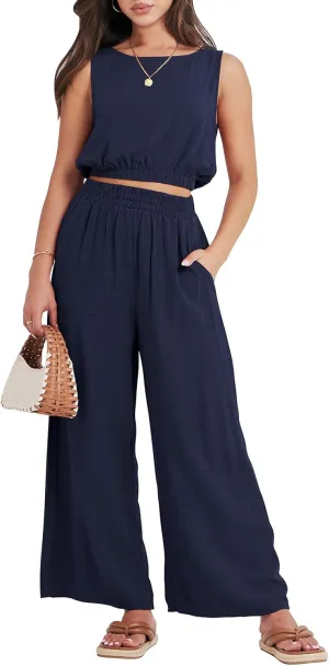 ANRABESS Womens Summer 2 Piece Outfits Sleeveless Crop Top Tank and Wide Leg Pants Linen Jumpsuit Beach Vacation Sets