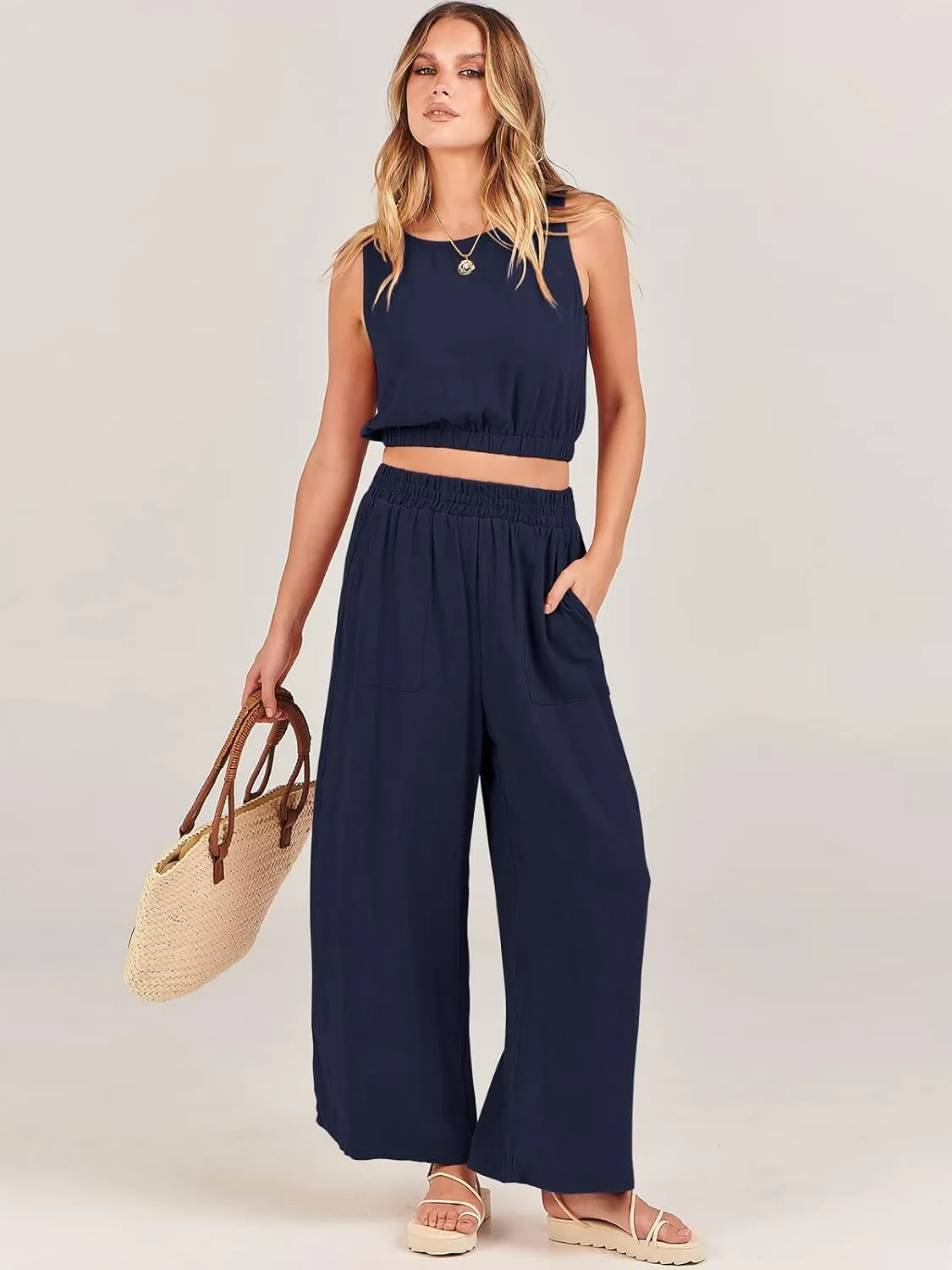 ANRABESS Womens Summer 2 Piece Outfits Sleeveless Crop Top Tank and Wide Leg Pants Linen Jumpsuit Beach Vacation Sets