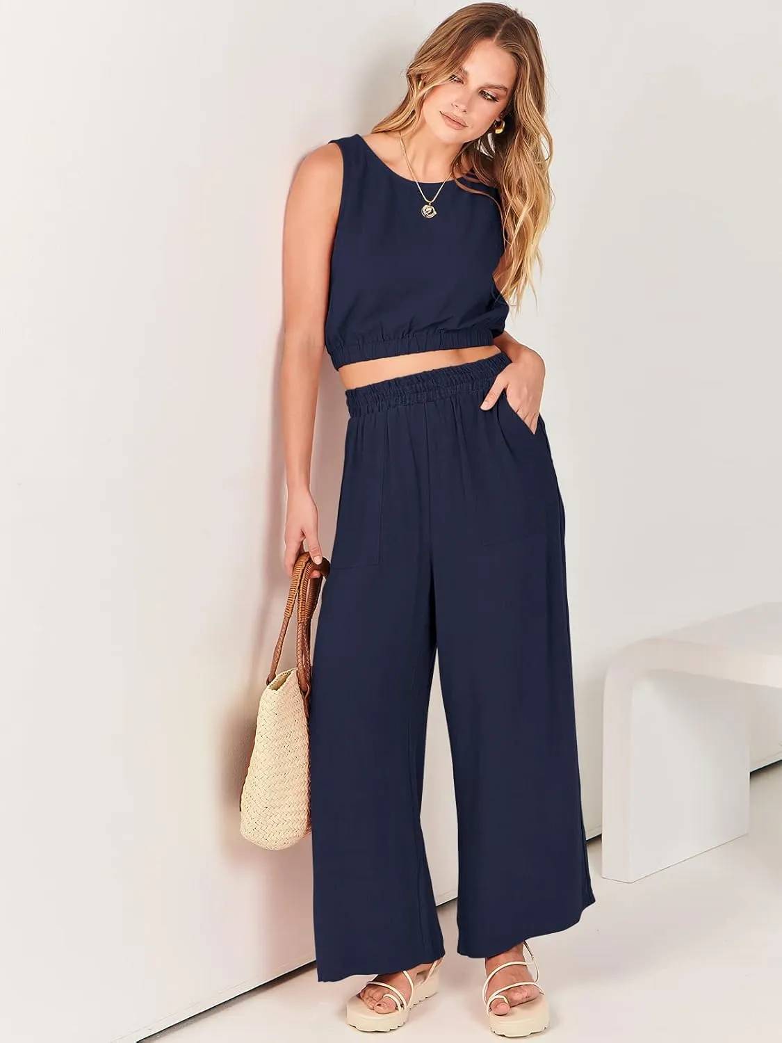 ANRABESS Womens Summer 2 Piece Outfits Sleeveless Crop Top Tank and Wide Leg Pants Linen Jumpsuit Beach Vacation Sets