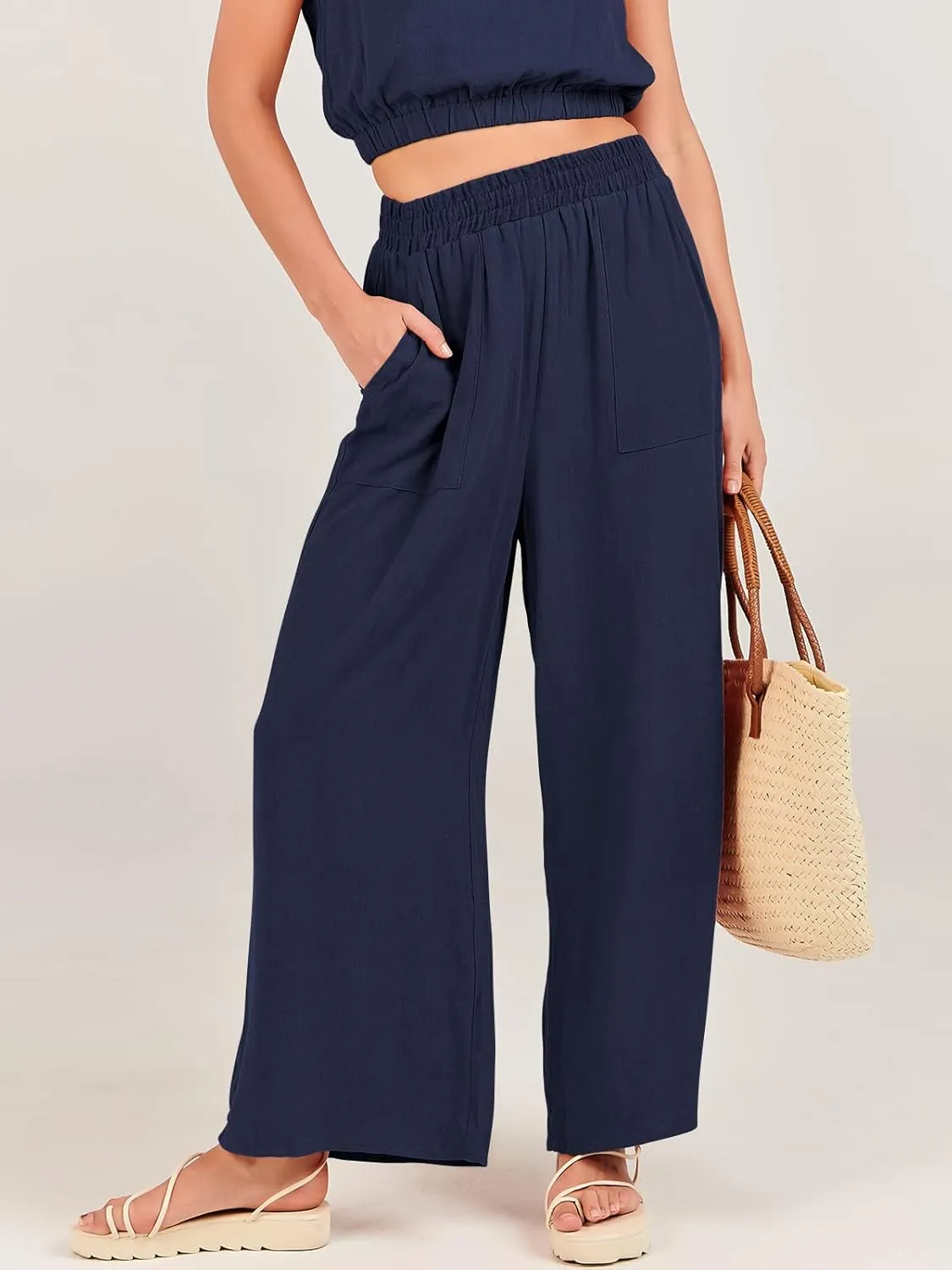 ANRABESS Womens Summer 2 Piece Outfits Sleeveless Crop Top Tank and Wide Leg Pants Linen Jumpsuit Beach Vacation Sets