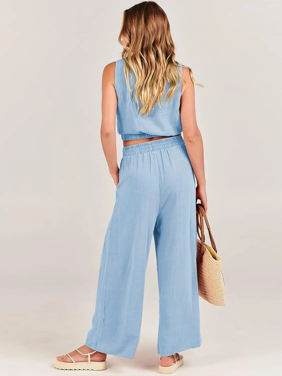 ANRABESS Womens Summer 2 Piece Outfits Sleeveless Crop Top Tank and Wide Leg Pants Linen Jumpsuit Beach Vacation Sets