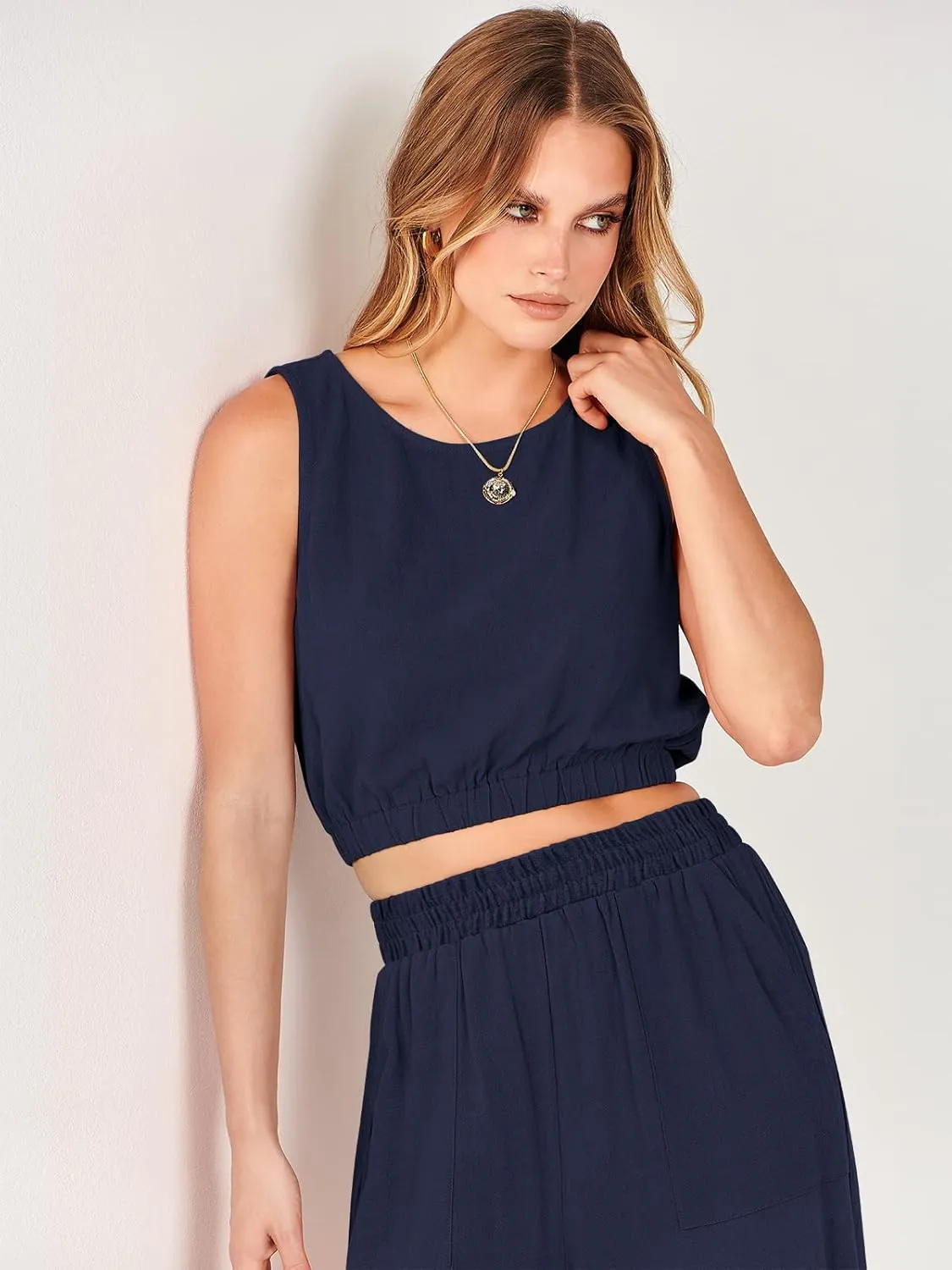 ANRABESS Womens Summer 2 Piece Outfits Sleeveless Crop Top Tank and Wide Leg Pants Linen Jumpsuit Beach Vacation Sets