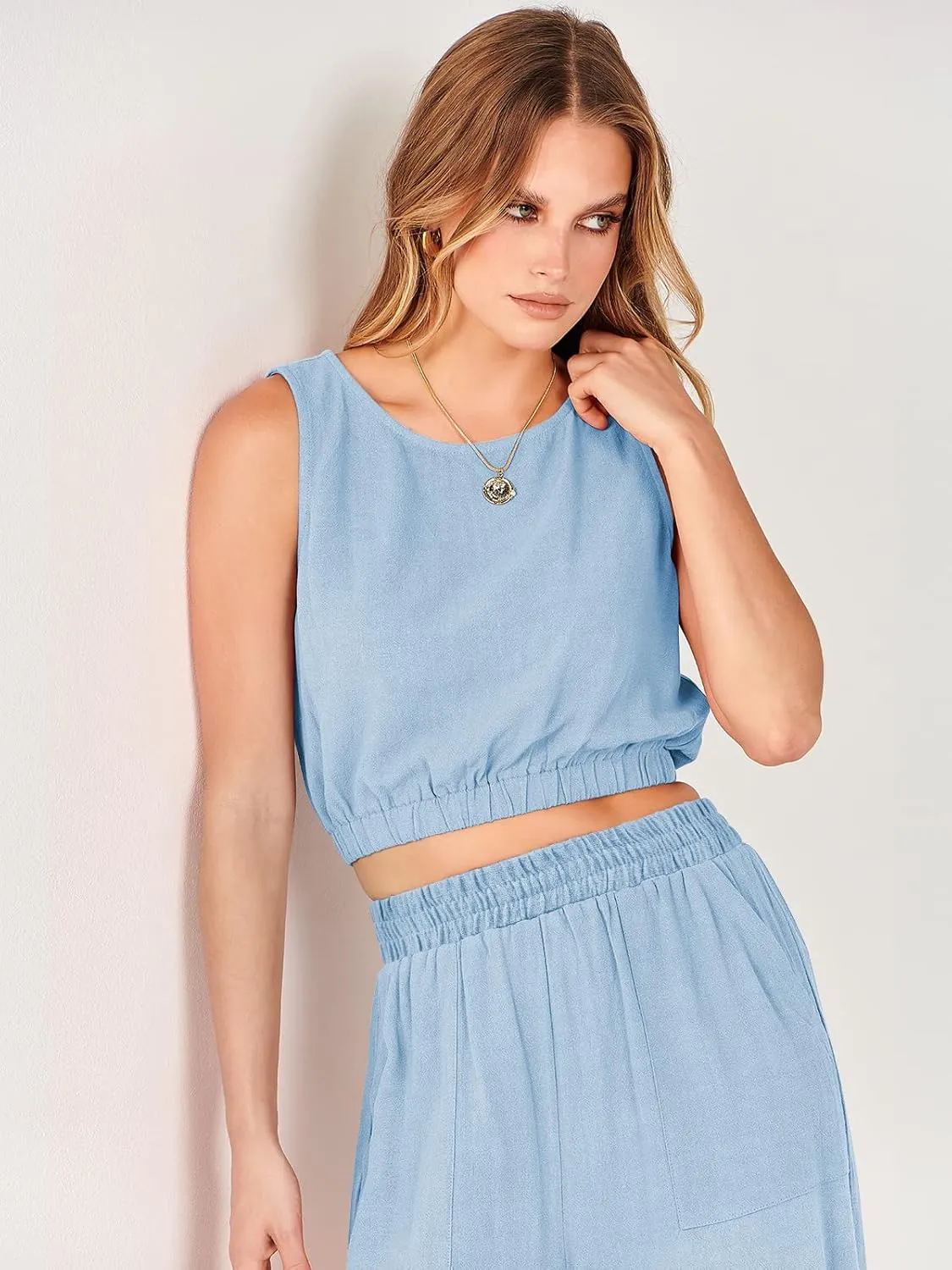 ANRABESS Womens Summer 2 Piece Outfits Sleeveless Crop Top Tank and Wide Leg Pants Linen Jumpsuit Beach Vacation Sets