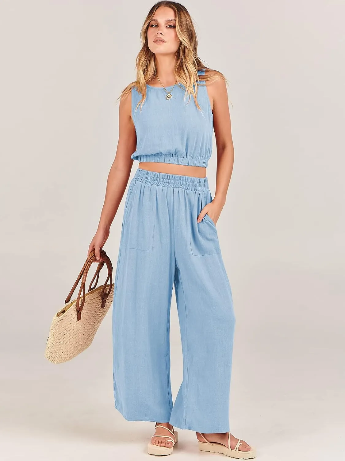 ANRABESS Womens Summer 2 Piece Outfits Sleeveless Crop Top Tank and Wide Leg Pants Linen Jumpsuit Beach Vacation Sets