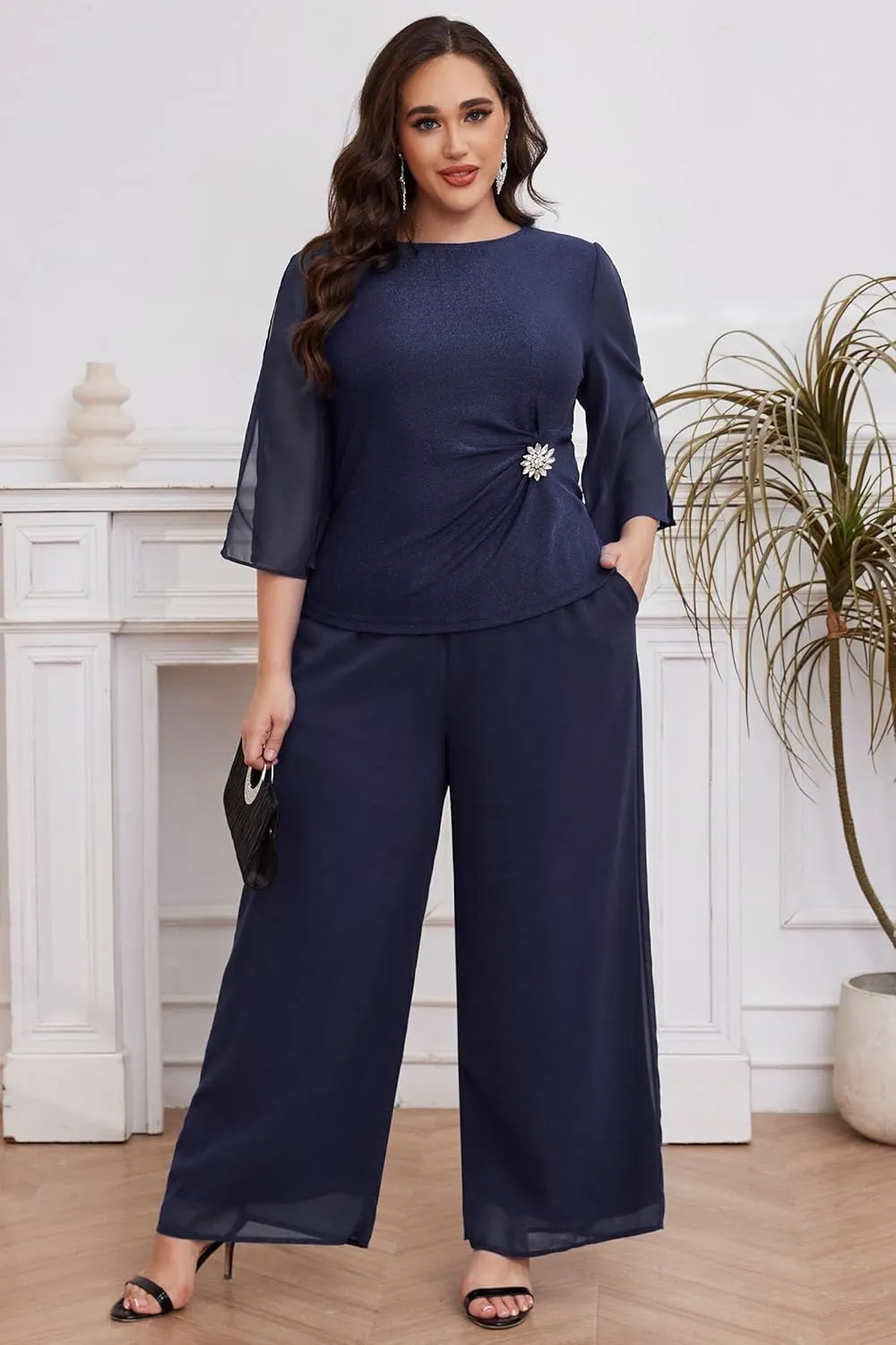 AOVDE Plus Size Pant Suits Mother of Bride Dressy Pant Suits 2 Piece Outfits with Pockets for Women Wedding Guest