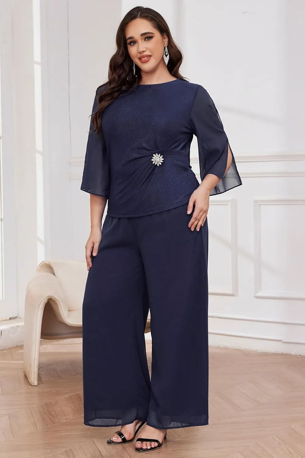 AOVDE Plus Size Pant Suits Mother of Bride Dressy Pant Suits 2 Piece Outfits with Pockets for Women Wedding Guest