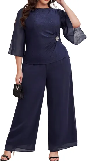 AOVDE Plus Size Pant Suits Mother of Bride Dressy Pant Suits 2 Piece Outfits with Pockets for Women Wedding Guest