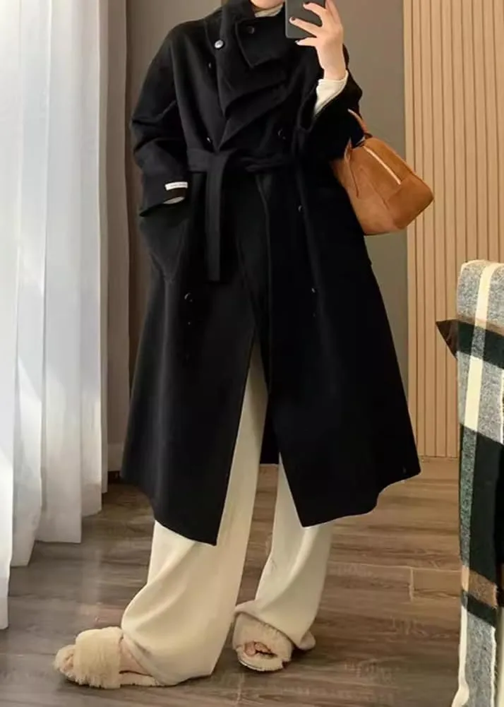 chouyatou Women's Winter Double Breasted Wool Coat Shawl Collar Dressy Midi Long Winter Trench Coat