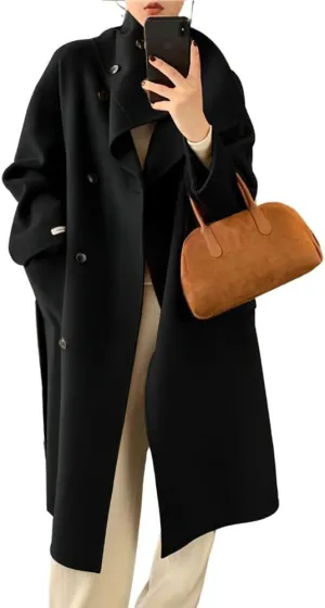 chouyatou Women's Winter Double Breasted Wool Coat Shawl Collar Dressy Midi Long Winter Trench Coat