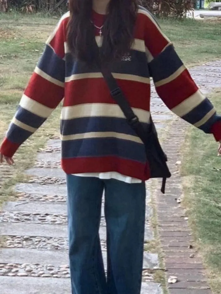 Contrast Color Stripe Splice Pullover Sweater
