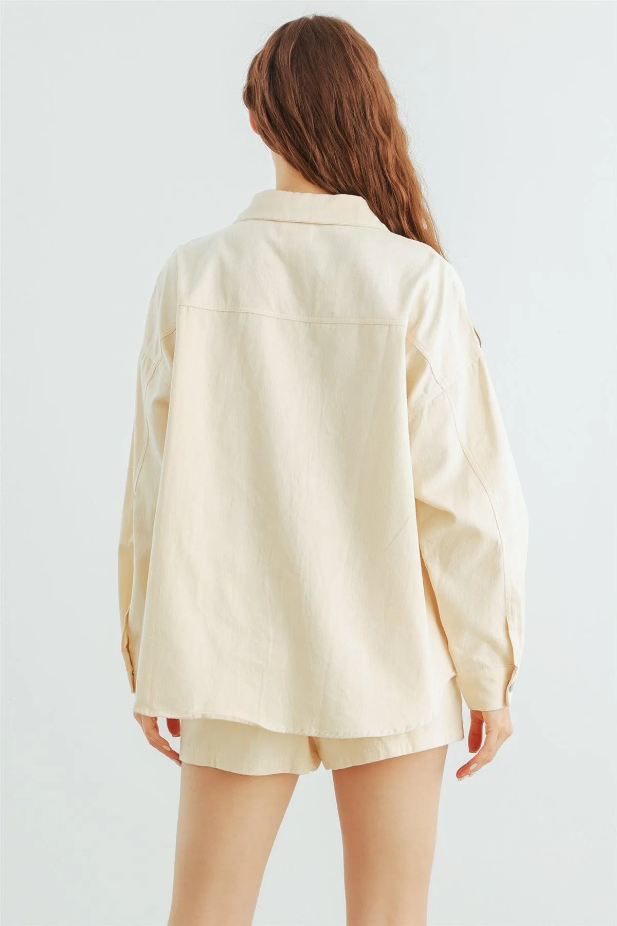 Cream Cotton Button-Up Collared Neck Jacket & High Waist Shorts Set /1-2-2-1