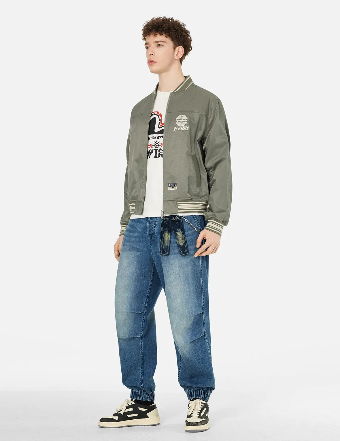Denim Inserted Daicock with Kamon Embroidery Regular Fit Bomber Jacket