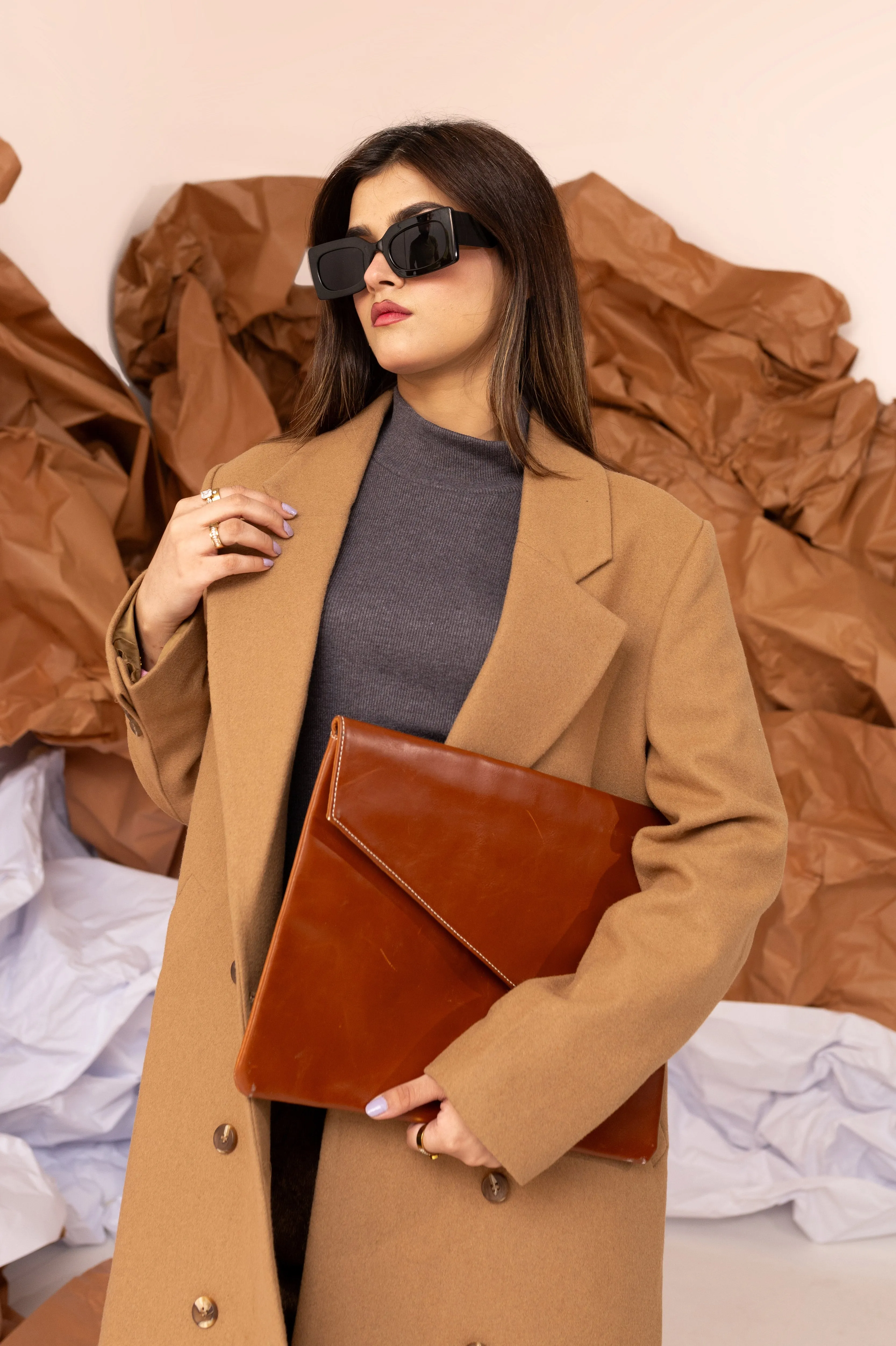 Double-Breasted Long Coat in Camel