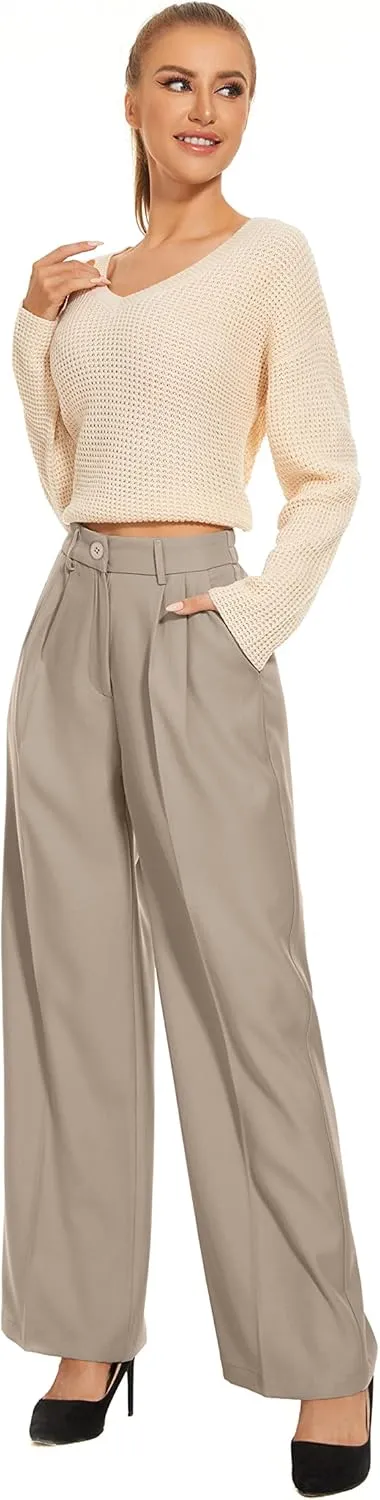FUNYYZO Fall Women Wide Leg Pants High Elastic Waisted in The Back Business Work Trousers Long Straight Suit Pants_