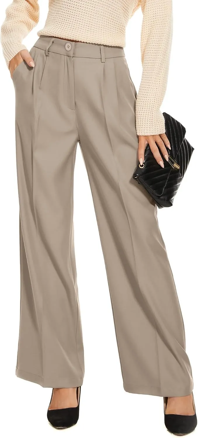 FUNYYZO Fall Women Wide Leg Pants High Elastic Waisted in The Back Business Work Trousers Long Straight Suit Pants_