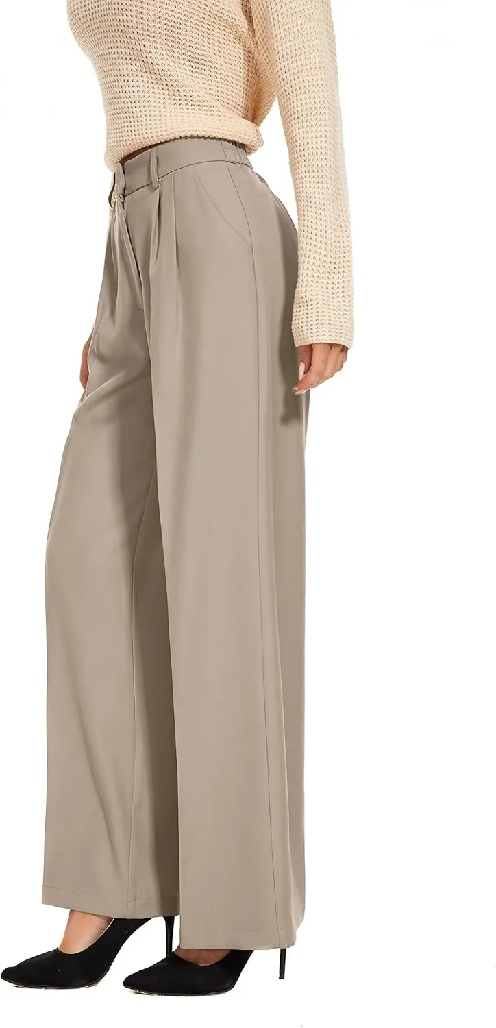 FUNYYZO Fall Women Wide Leg Pants High Elastic Waisted in The Back Business Work Trousers Long Straight Suit Pants_