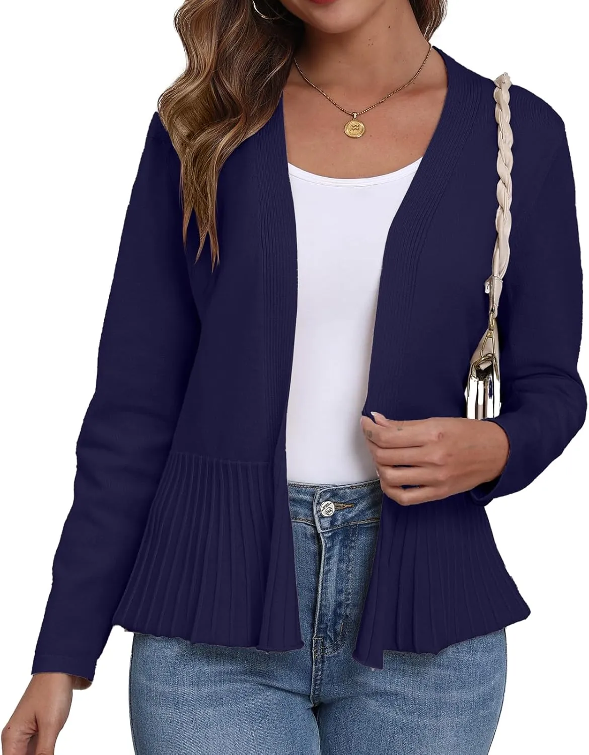 GRECERELLE Women Lightweight Casual Long Sleeves Cropped Cardigan Open Front Peplum Knit Sweater Outwear