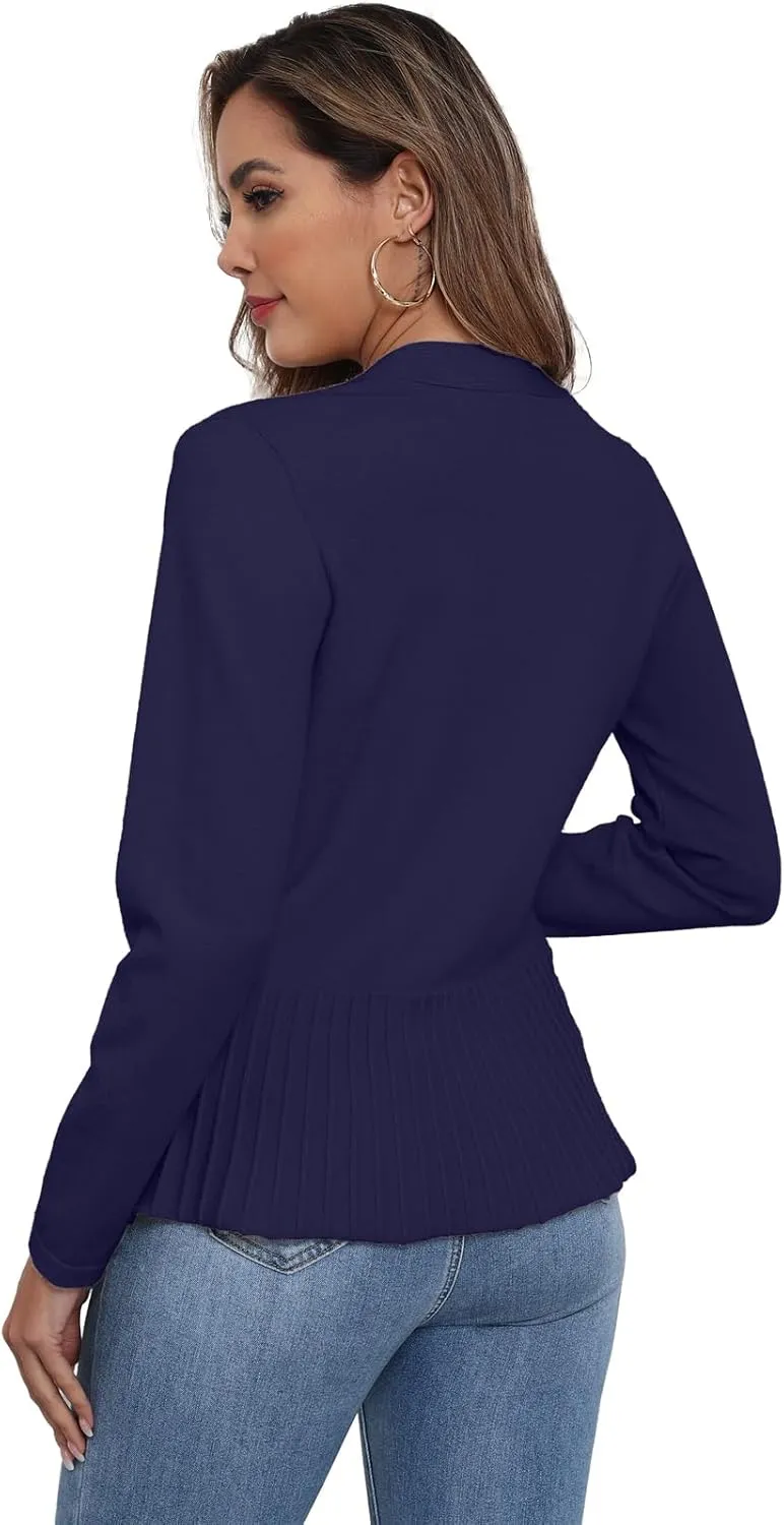 GRECERELLE Women Lightweight Casual Long Sleeves Cropped Cardigan Open Front Peplum Knit Sweater Outwear