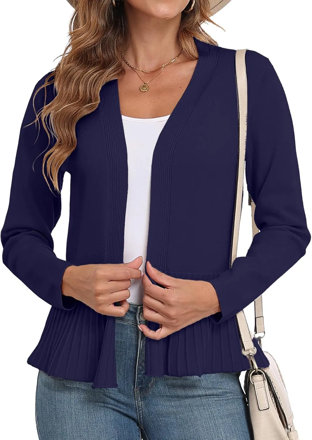 GRECERELLE Women Lightweight Casual Long Sleeves Cropped Cardigan Open Front Peplum Knit Sweater Outwear