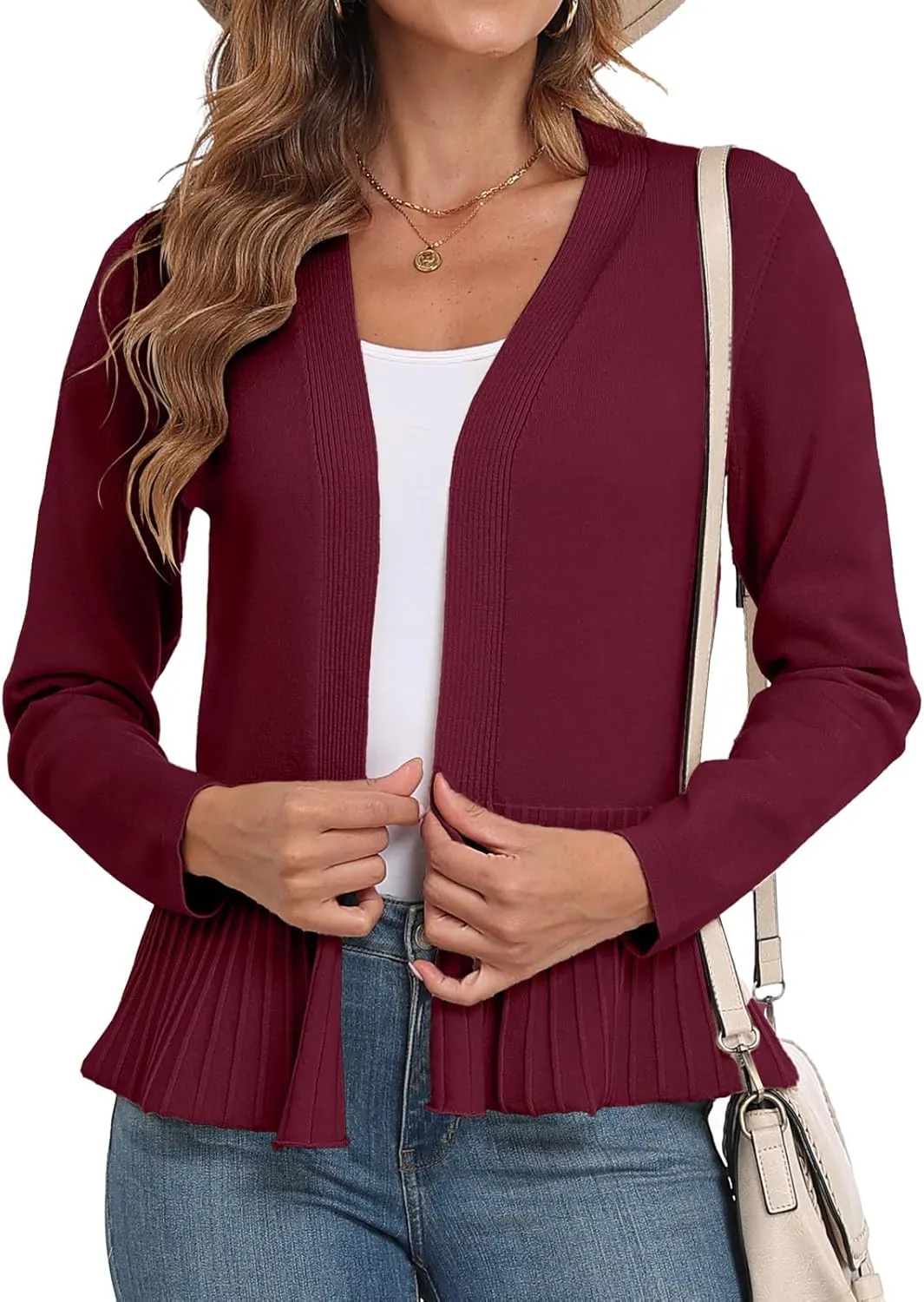 GRECERELLE Women Lightweight Casual Long Sleeves Cropped Cardigan Open Front Peplum Knit Sweater Outwear