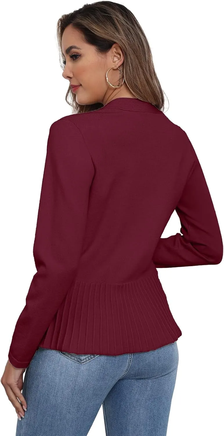 GRECERELLE Women Lightweight Casual Long Sleeves Cropped Cardigan Open Front Peplum Knit Sweater Outwear