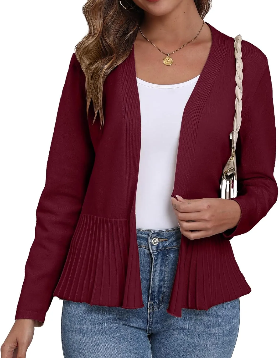 GRECERELLE Women Lightweight Casual Long Sleeves Cropped Cardigan Open Front Peplum Knit Sweater Outwear