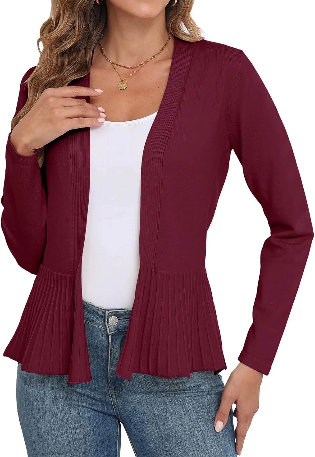 GRECERELLE Women Lightweight Casual Long Sleeves Cropped Cardigan Open Front Peplum Knit Sweater Outwear