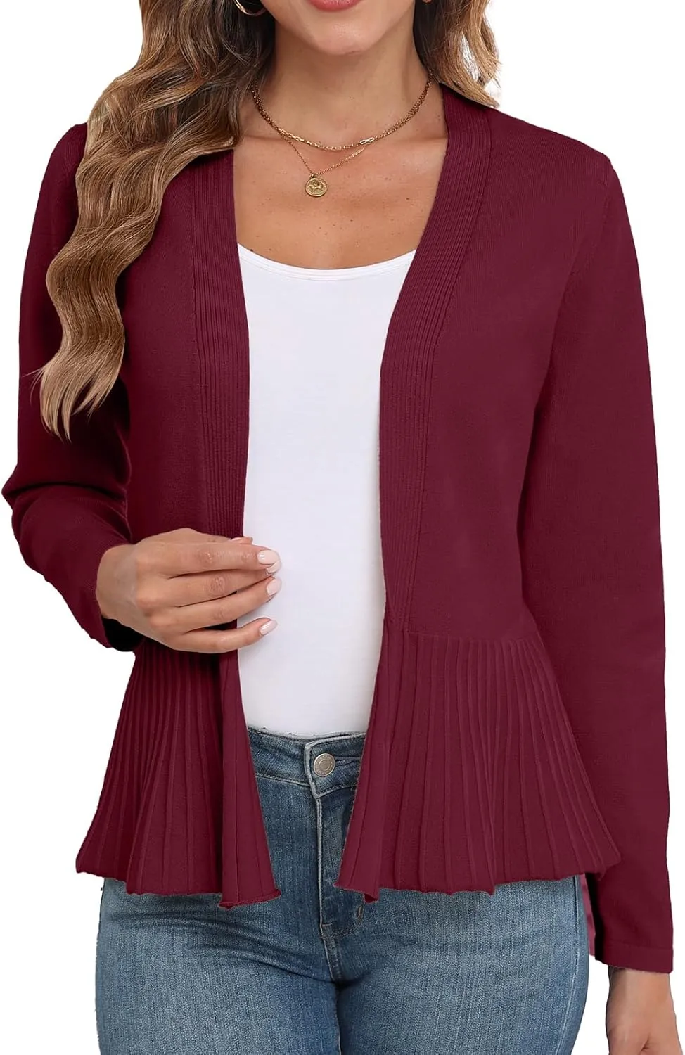 GRECERELLE Women Lightweight Casual Long Sleeves Cropped Cardigan Open Front Peplum Knit Sweater Outwear