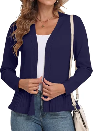 GRECERELLE Women Lightweight Casual Long Sleeves Cropped Cardigan Open Front Peplum Knit Sweater Outwear