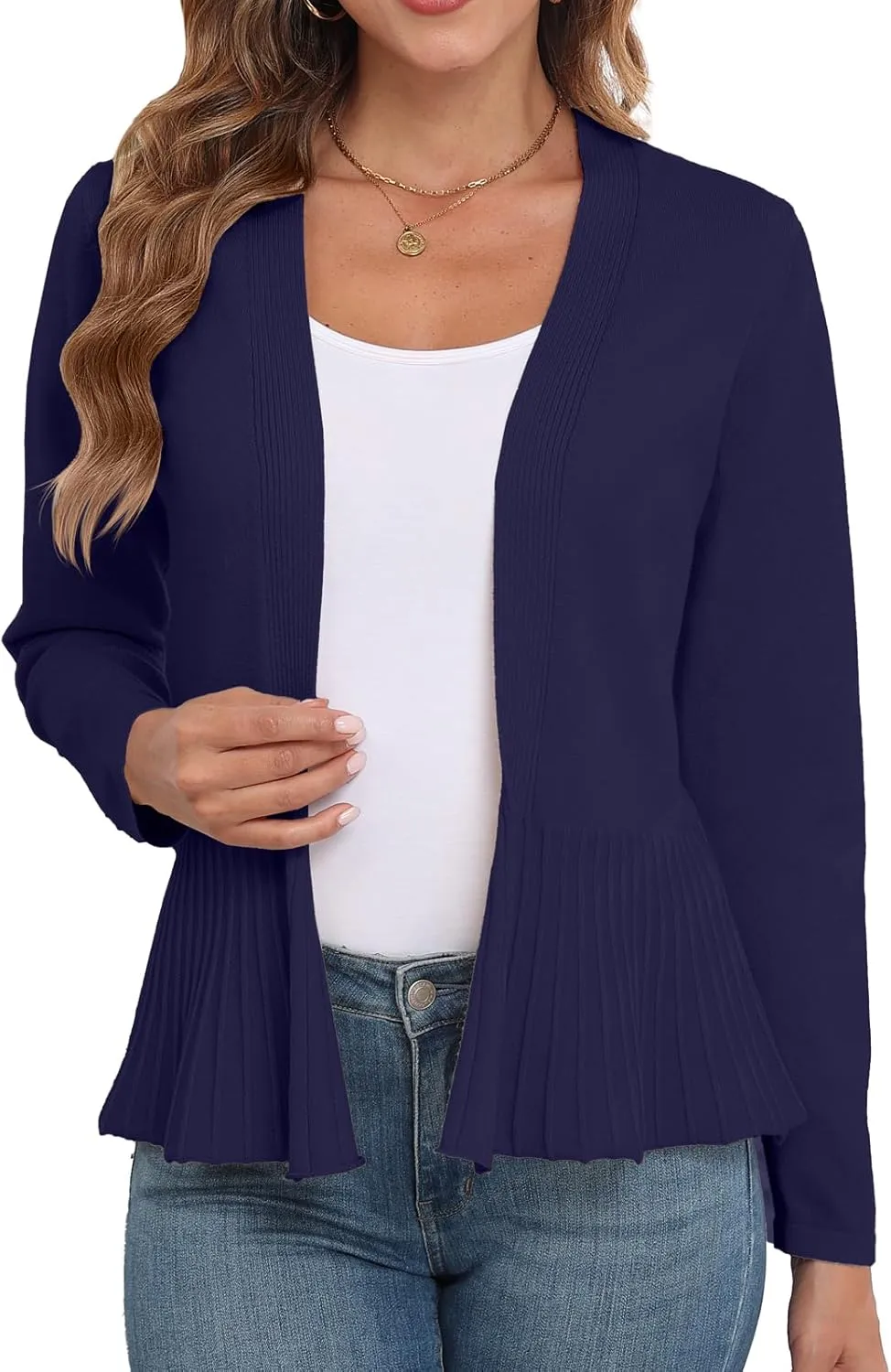 GRECERELLE Women Lightweight Casual Long Sleeves Cropped Cardigan Open Front Peplum Knit Sweater Outwear